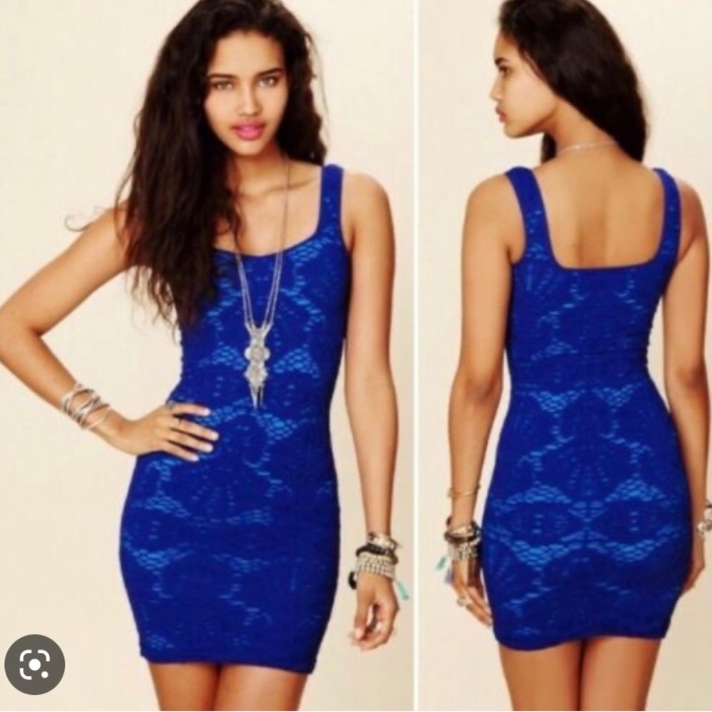 Free people intimately cobalt blue lace overlay turquoise body con dress…